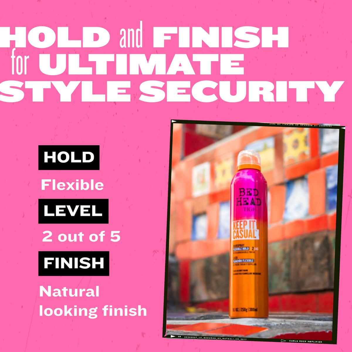 TIGI Bed Head on vanity with styling tools showing anti-frizz finishing benefit