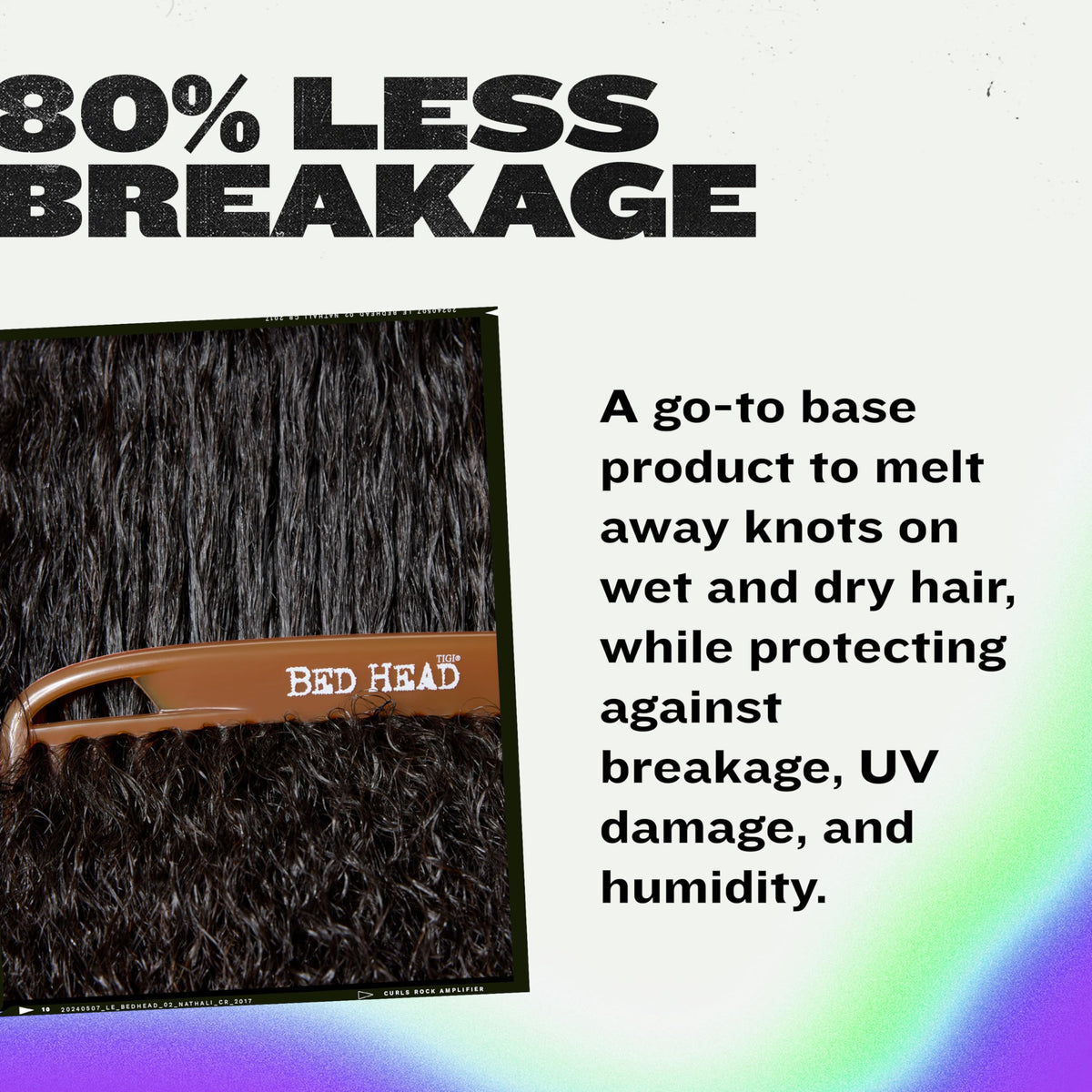 TIGI Bed Head label close-up highlighting anti-breakage and UV protection claims