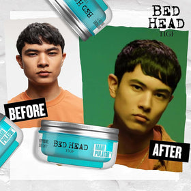 TIGI Bed Head Manipulator on bathroom shelf with other grooming items, suggests daily use