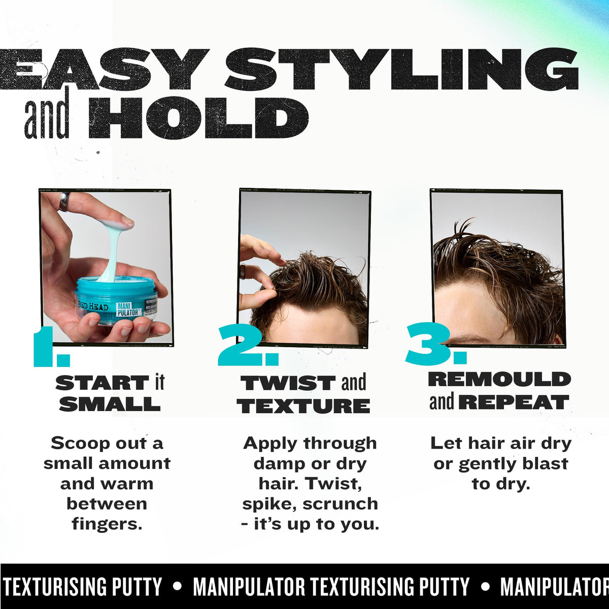 TIGI Bed Head being applied to hair offering firm hold and frizz control benefit