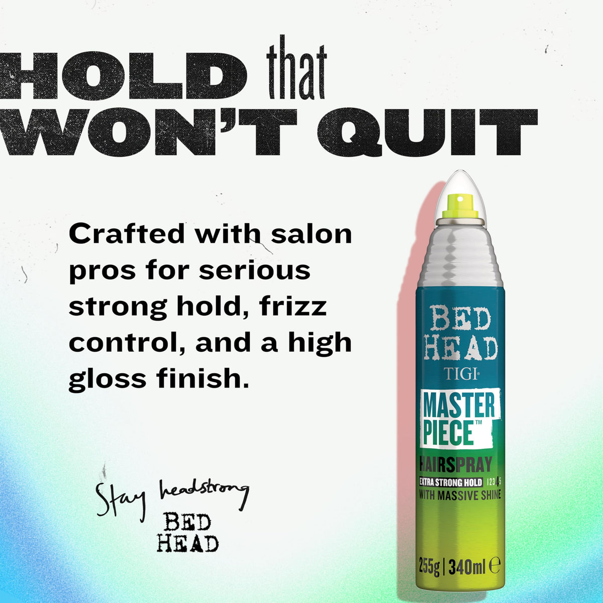 TIGI Bed Head side label detail highlighting ingredients and hold benefit