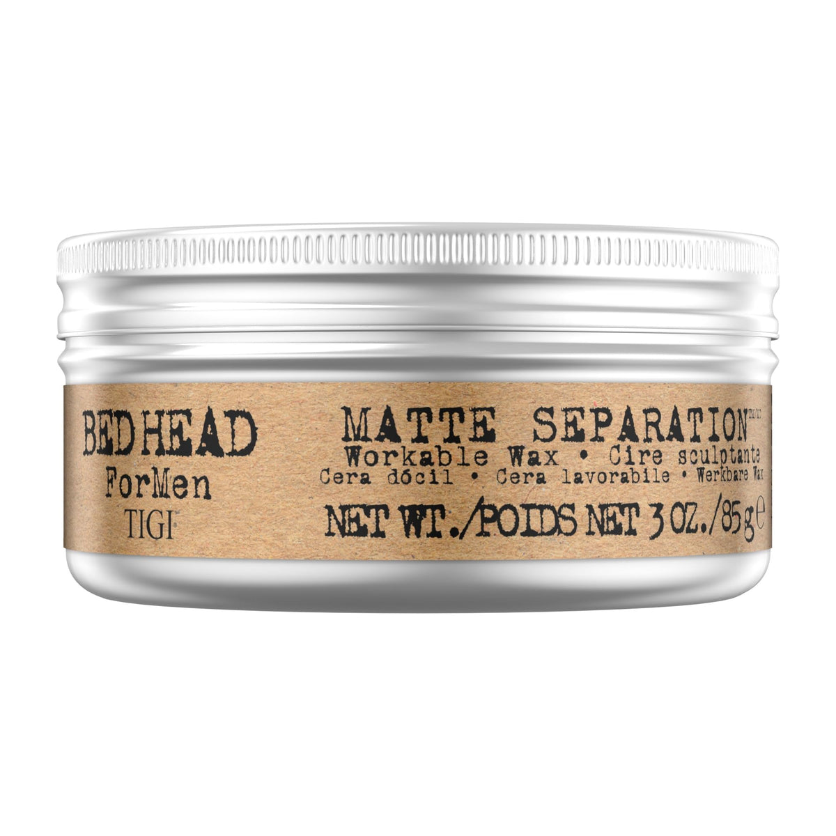 TIGI Bed Head front packaging showing matte wax, offers firm hold and texture