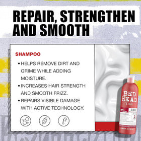 TIGI Bed Head bottle on bathroom shelf conveying salon-level repair at home