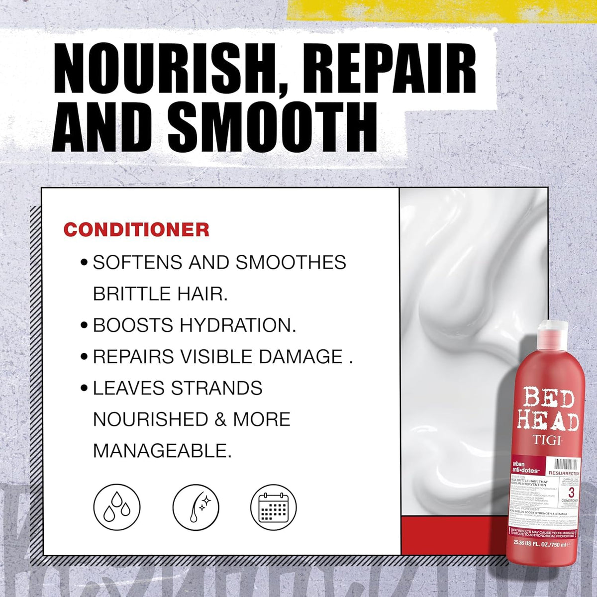 TIGI Bed Head bottle beside common objects showing 25.36 oz scale advantage