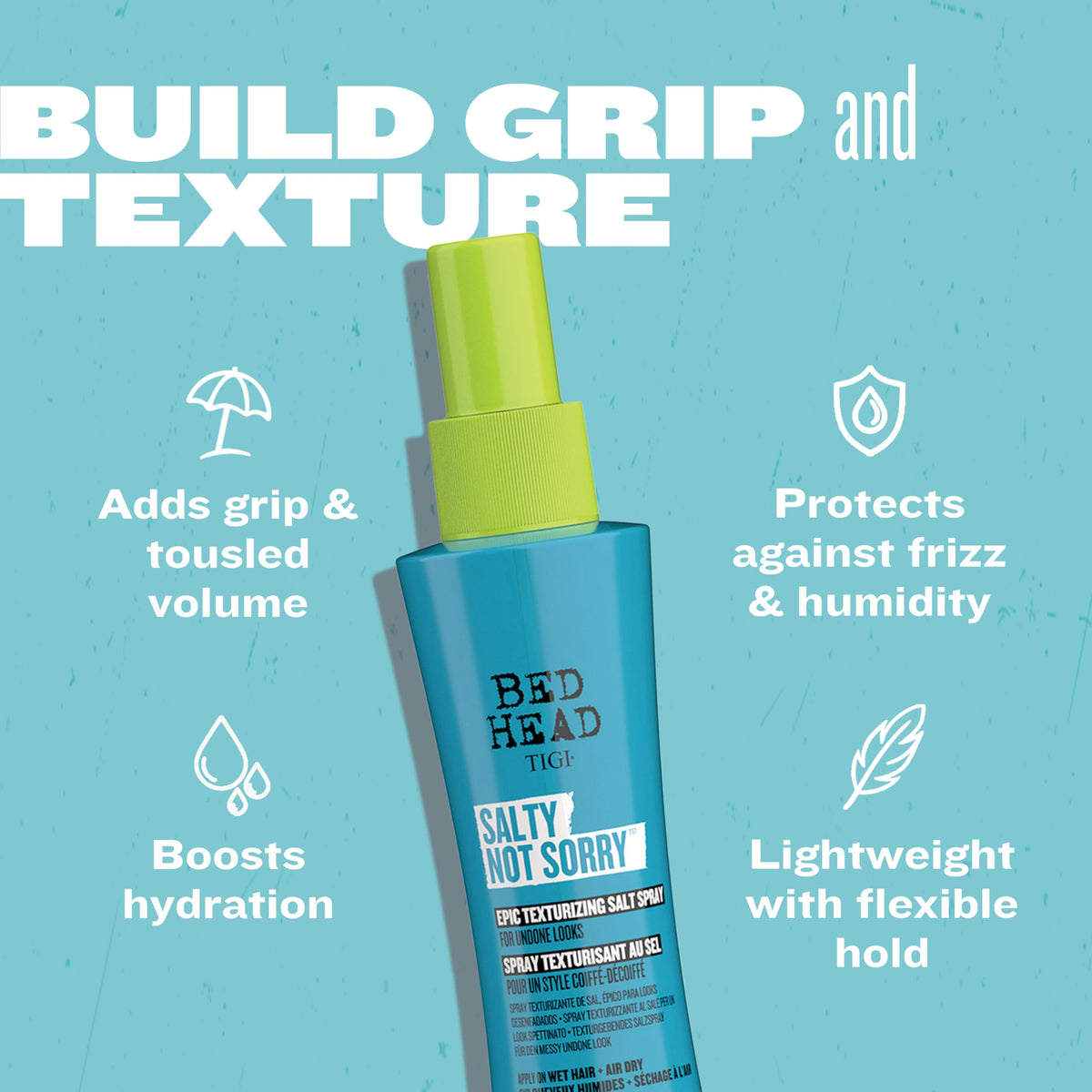 TIGI Bed Head close-up of spray mist and salt texture showing weightless grit benefit