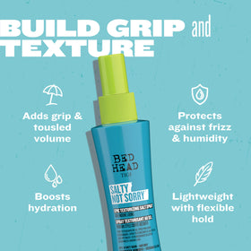 TIGI Bed Head close-up of spray mist and salt texture showing weightless grit benefit