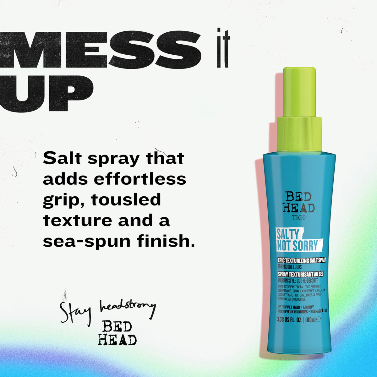 TIGI Bed Head spraying onto damp hair demonstrating easy application benefit