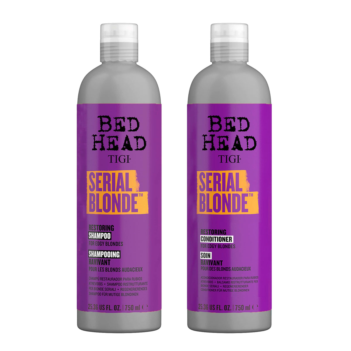 TIGI Bed Head front packaging showing duo for restoring blonde hair benefits