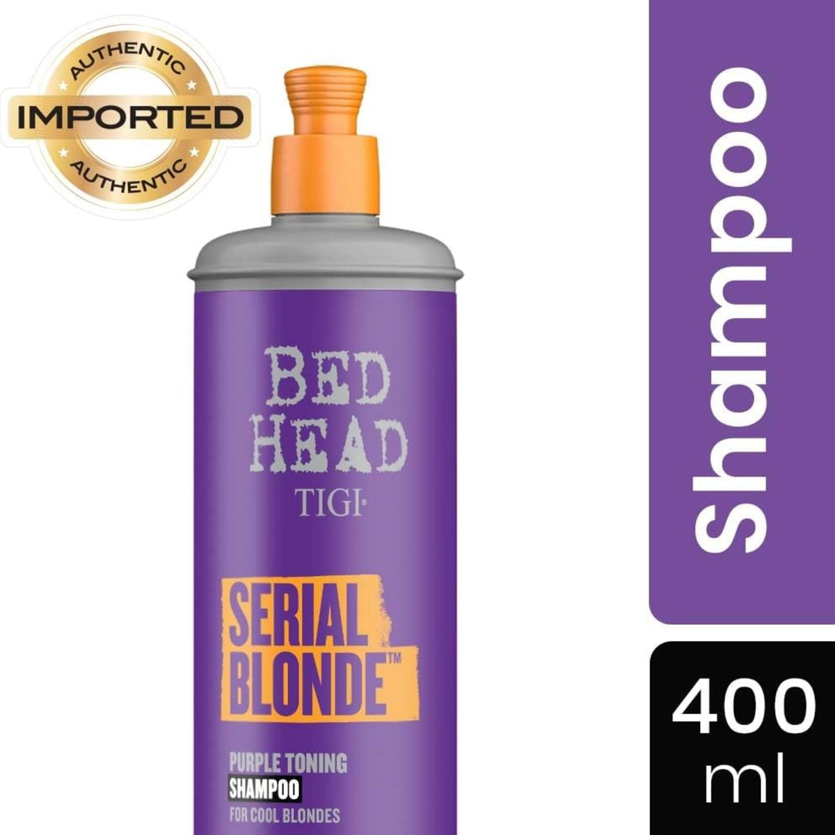 TIGI Bed Head pouring shampoo to show violet pigment and control benefit