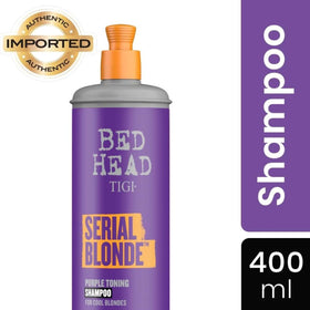 TIGI Bed Head pouring shampoo to show violet pigment and control benefit