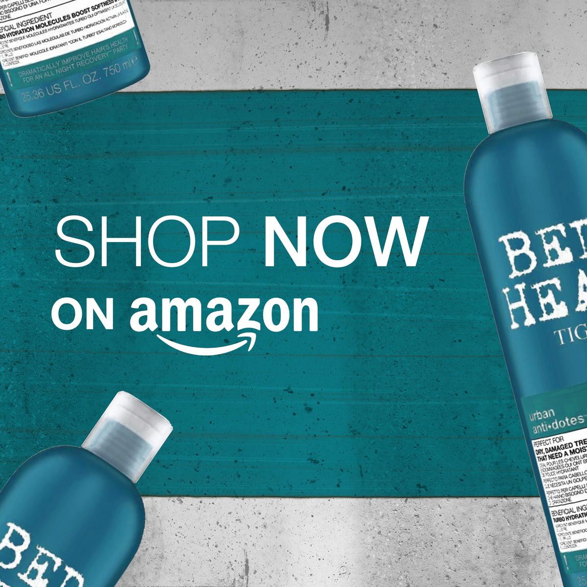 TIGI Bed Head bottles next to ruler showing 750ml scale for extended use