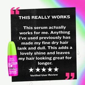 TIGI Bed Head on bathroom shelf showing portable salon results