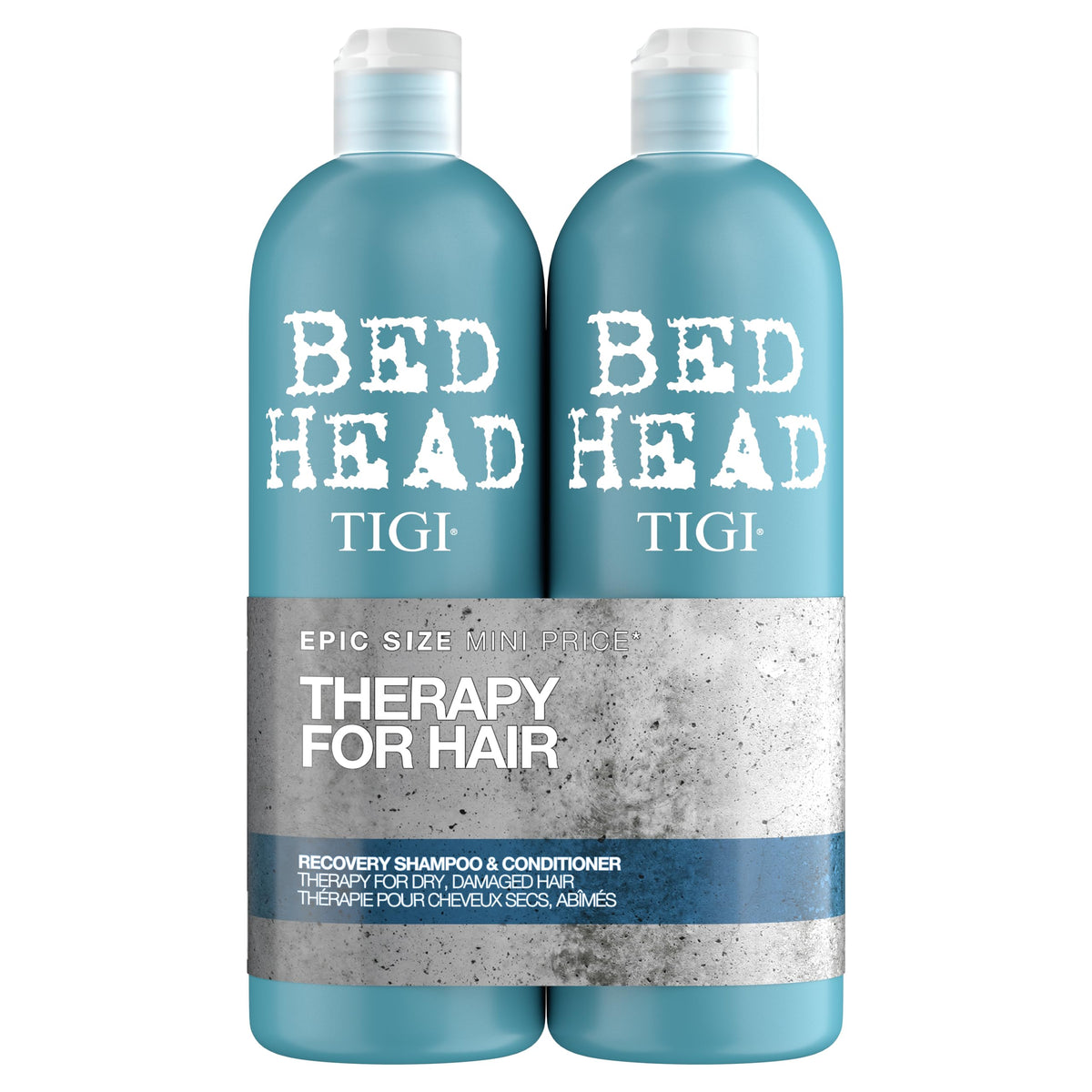 TIGI Bed Head front packaging shows large 750ml bottles and long-lasting value