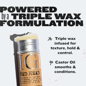 TIGI bed head wax stick held in hand displaying compact travel-friendly size