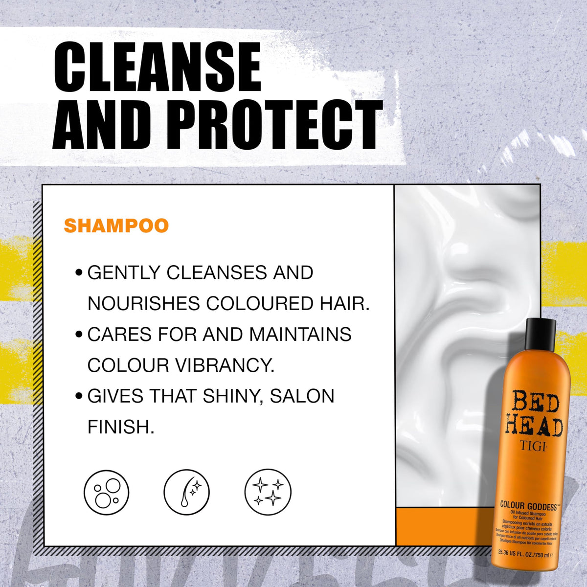 TIGI Colour Goddess duo bottles with size comparison to show 25.35 fl oz capacity benefit