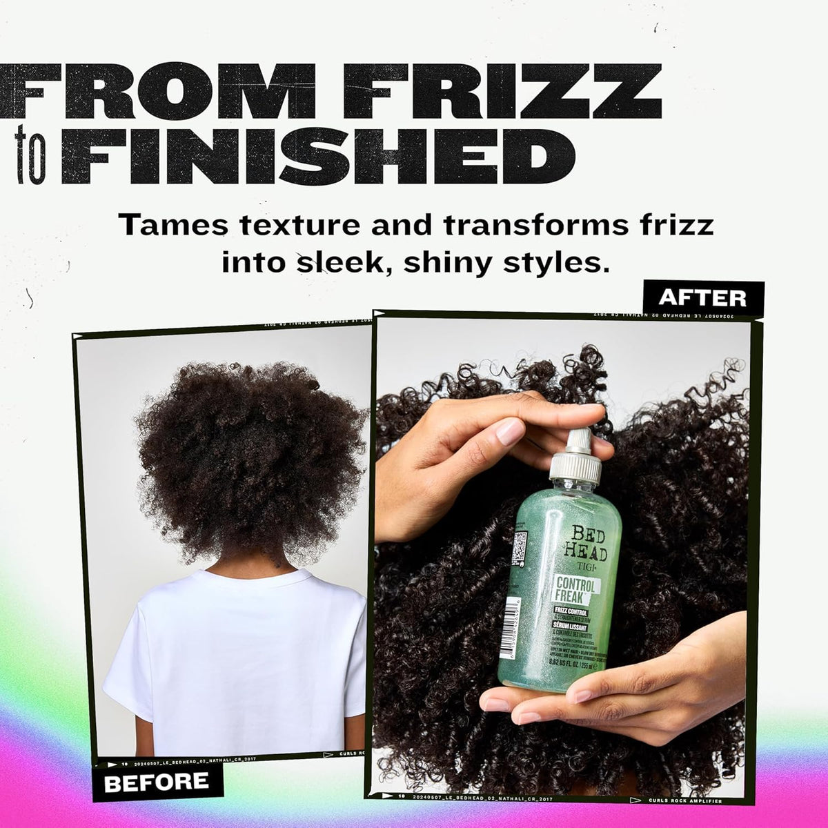 TIGI Control Freak before and after hair comparison showing reduced frizz and shine