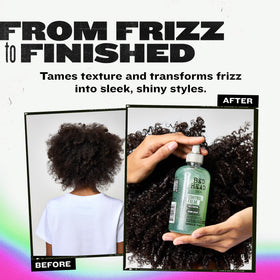 Side-by-side before and after using TIGI Control Freak showing reduced frizz