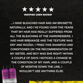TIGI Dumb Blonde lifestyle photo of restored blonde hair showing shine and strength