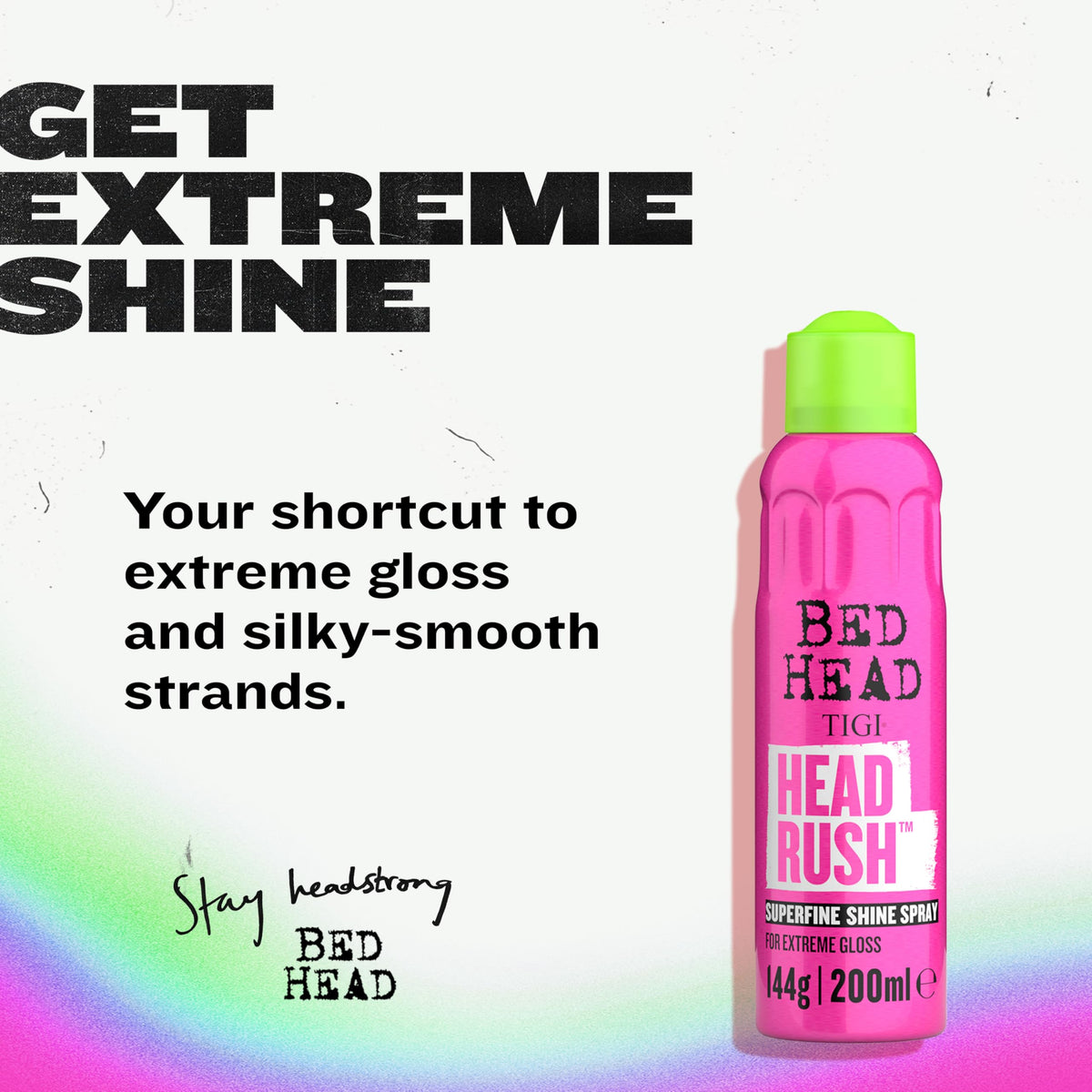 TIGI Headrush side label close-up highlighting usage instructions and fragrance benefit