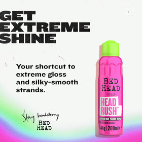 TIGI Headrush side label close-up highlighting usage instructions and fragrance benefit