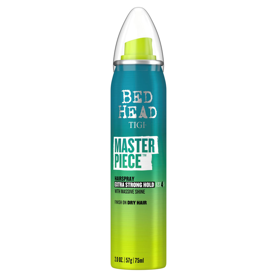 TIGI Bed Head Masterpiece front packaging showing compact travel can and benefit