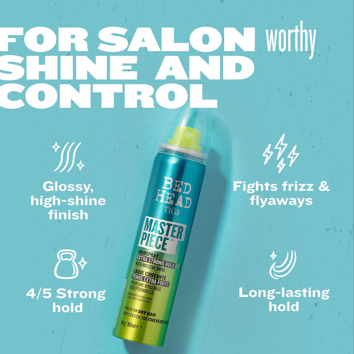 TIGI Bed Head Masterpiece in hand to show 2 oz travel scale and portability benefit