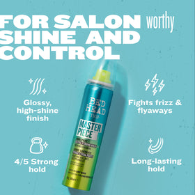 TIGI Bed Head Masterpiece in hand to show 2 oz travel scale and portability benefit