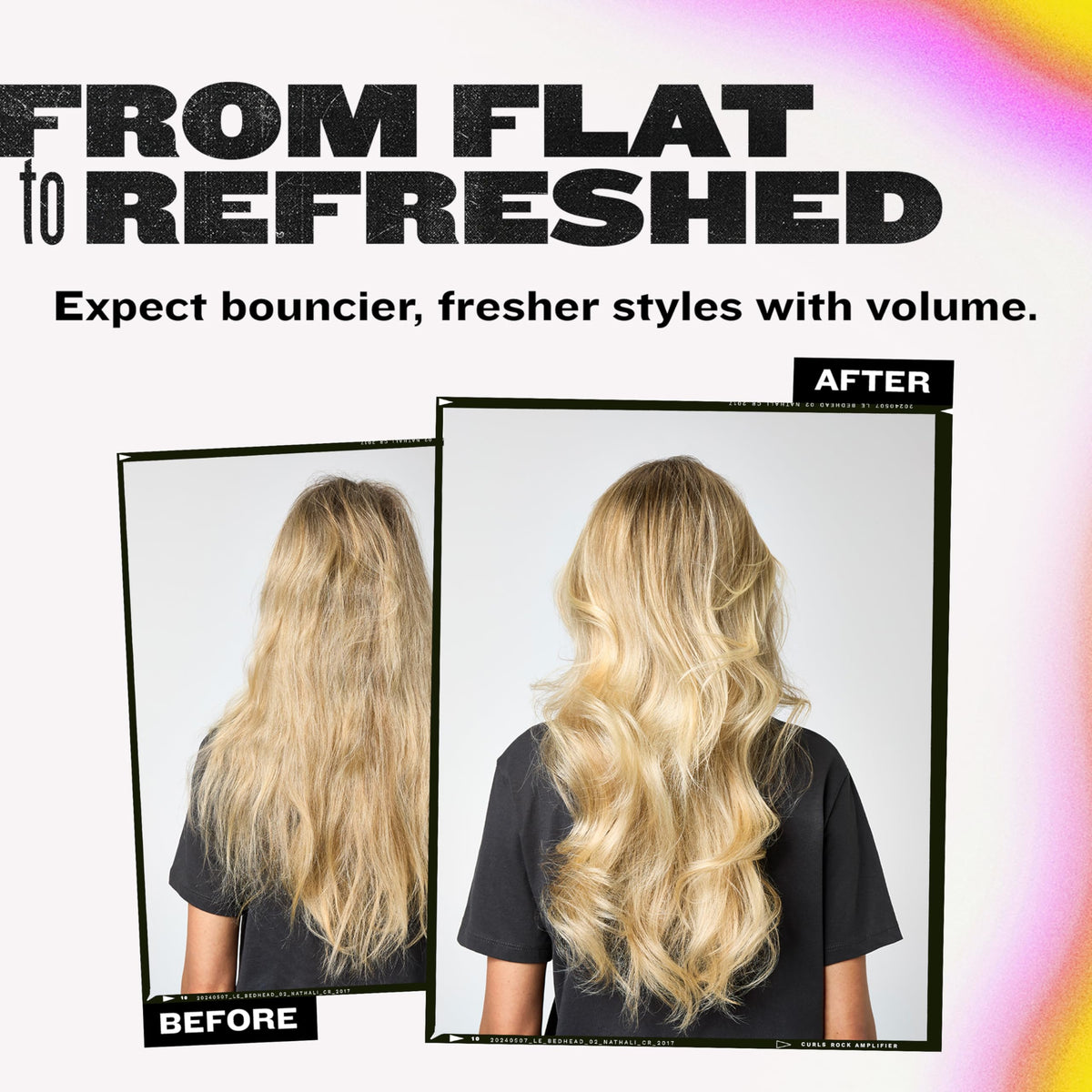 TIGI Oh Bee Hive before-and-after root lift comparison showing added volume and matte finish