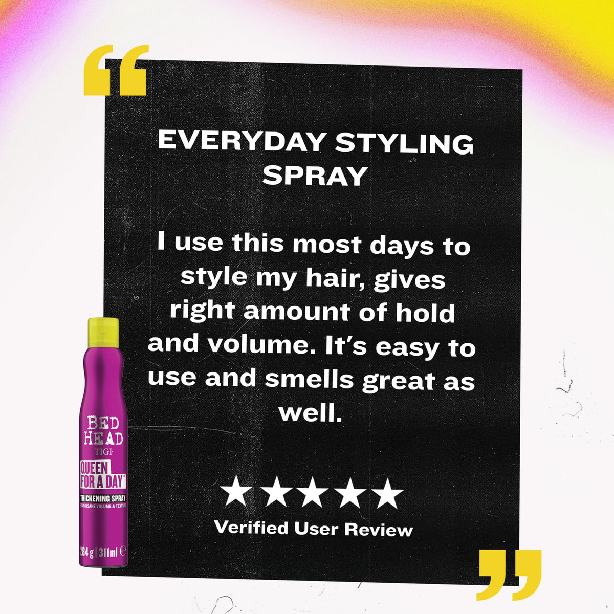 TIGI stylist applying spray in salon illustrating professional styling performance