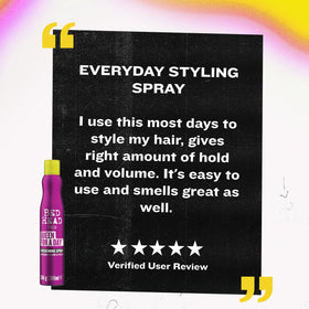 TIGI stylist applying spray in salon illustrating professional styling performance