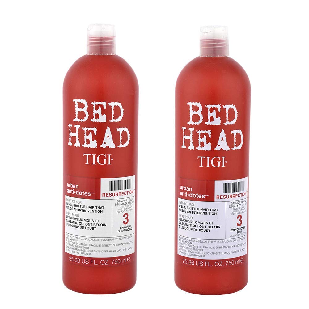 TIGI Resurrection duo front packaging showing bottles and benefits
