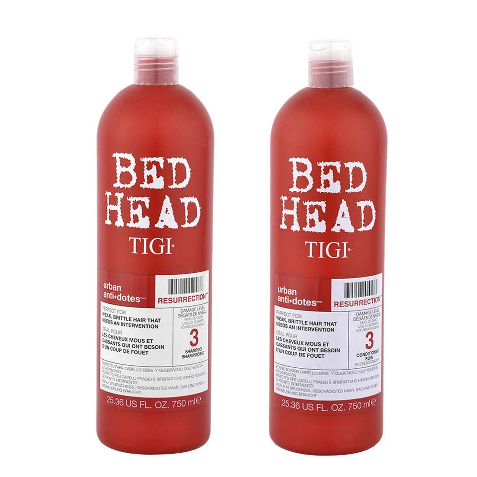 TIGI Resurrection duo front packaging showing bottles and benefits