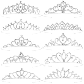 Tihebax front view packaging showing ten small silver tiaras and convenience
