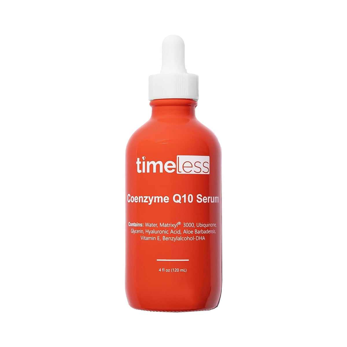 Timeless Skin Care serum front packaging showing clean label and 4 oz size, clear benefits for value