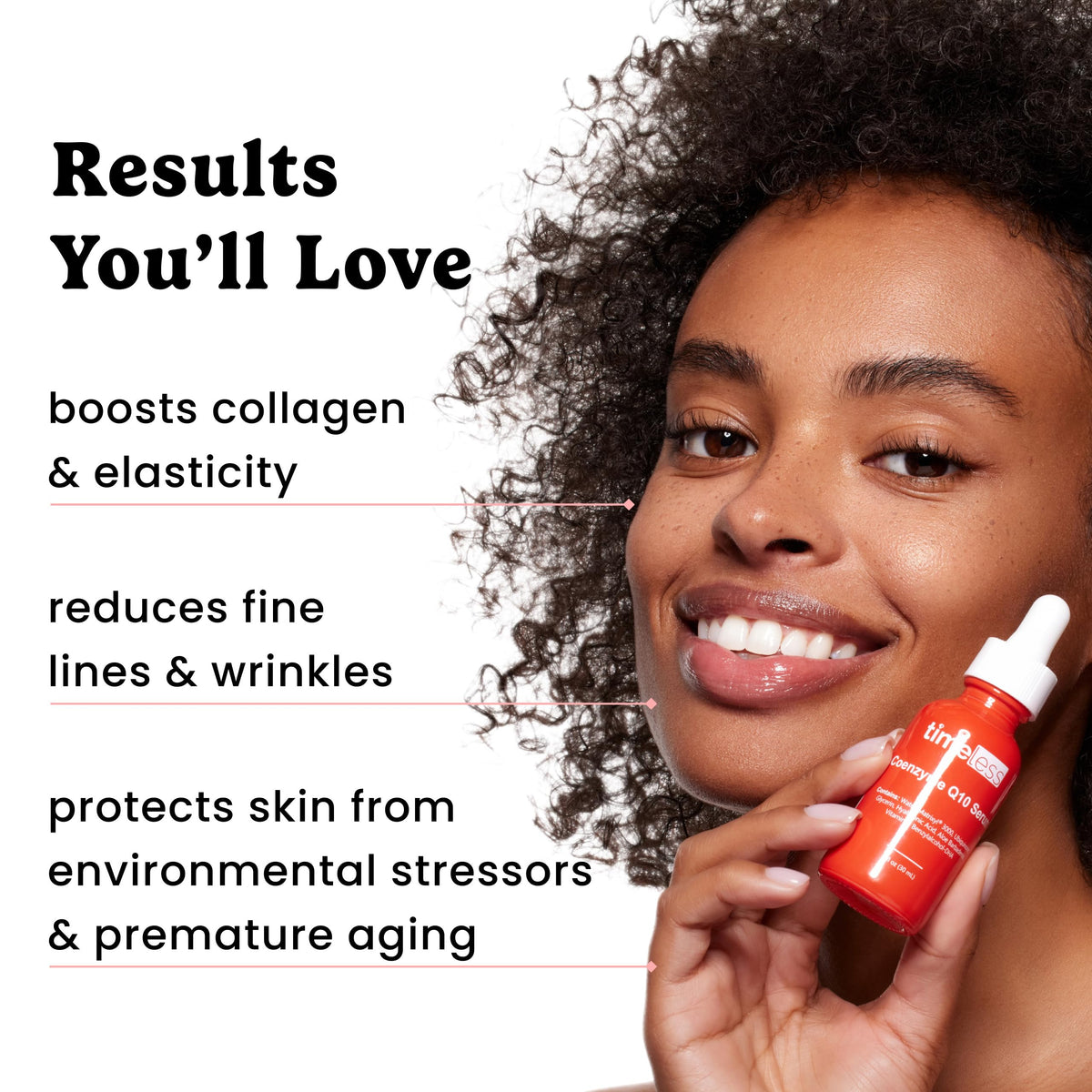 Timeless Skin Care bottle next to common object showing one-ounce scale benefit
