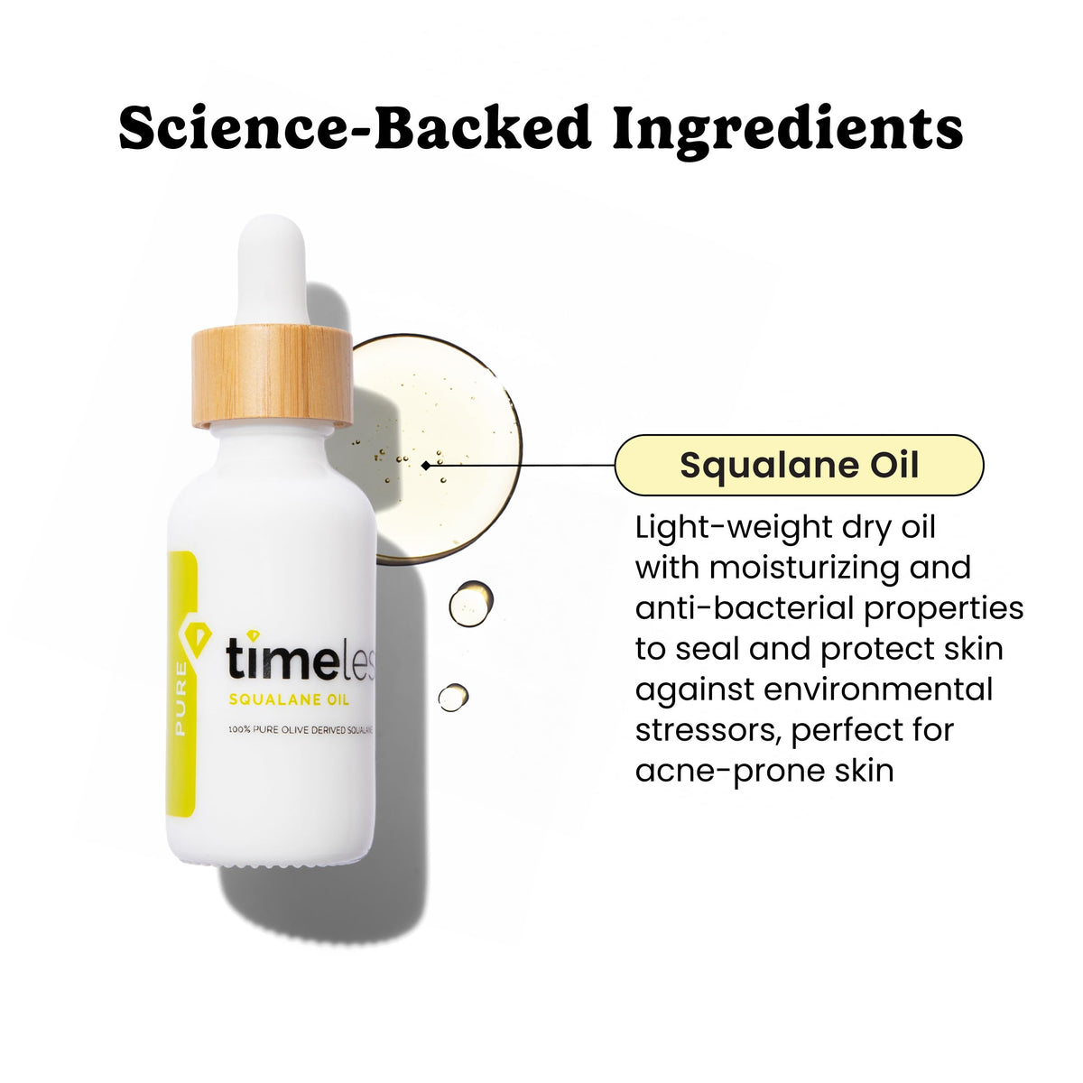 Timeless Skin Care dropper dispensing squalane with precise dosing for easy application