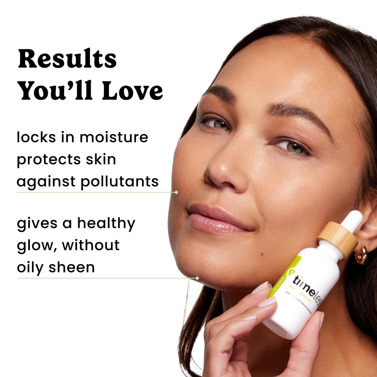 Timeless Skin Care oil applied on hand showing dewy finish and quick moisturizing benefit