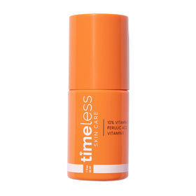 Timeless Skin Care front bottle showing clean brightening serum packaging and benefits