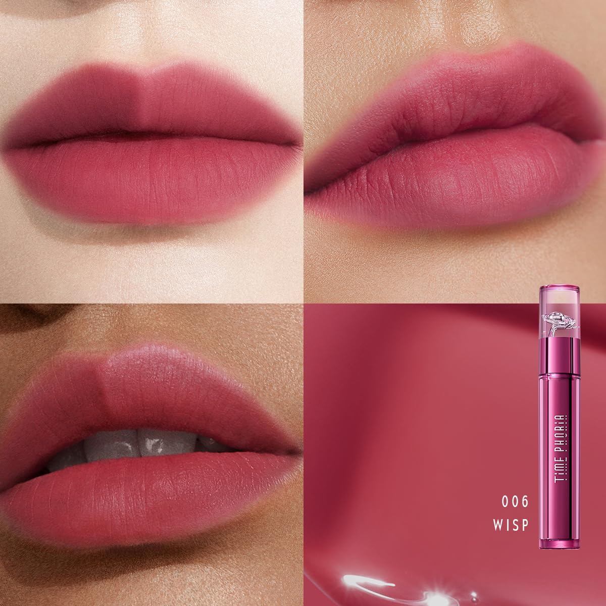 TIMEPHORIA watery-velvet tint drop on hand illustrating glossy-to-matte texture transformation