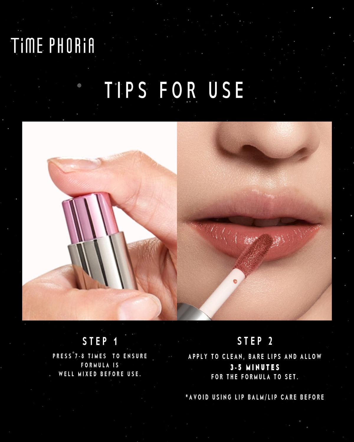 TIMEPHORIA label close-up with ingredients and click-activation instructions for reliability