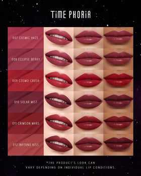 TIMEPHORIA lips with full-coverage application demonstrating bold, vinyl shine