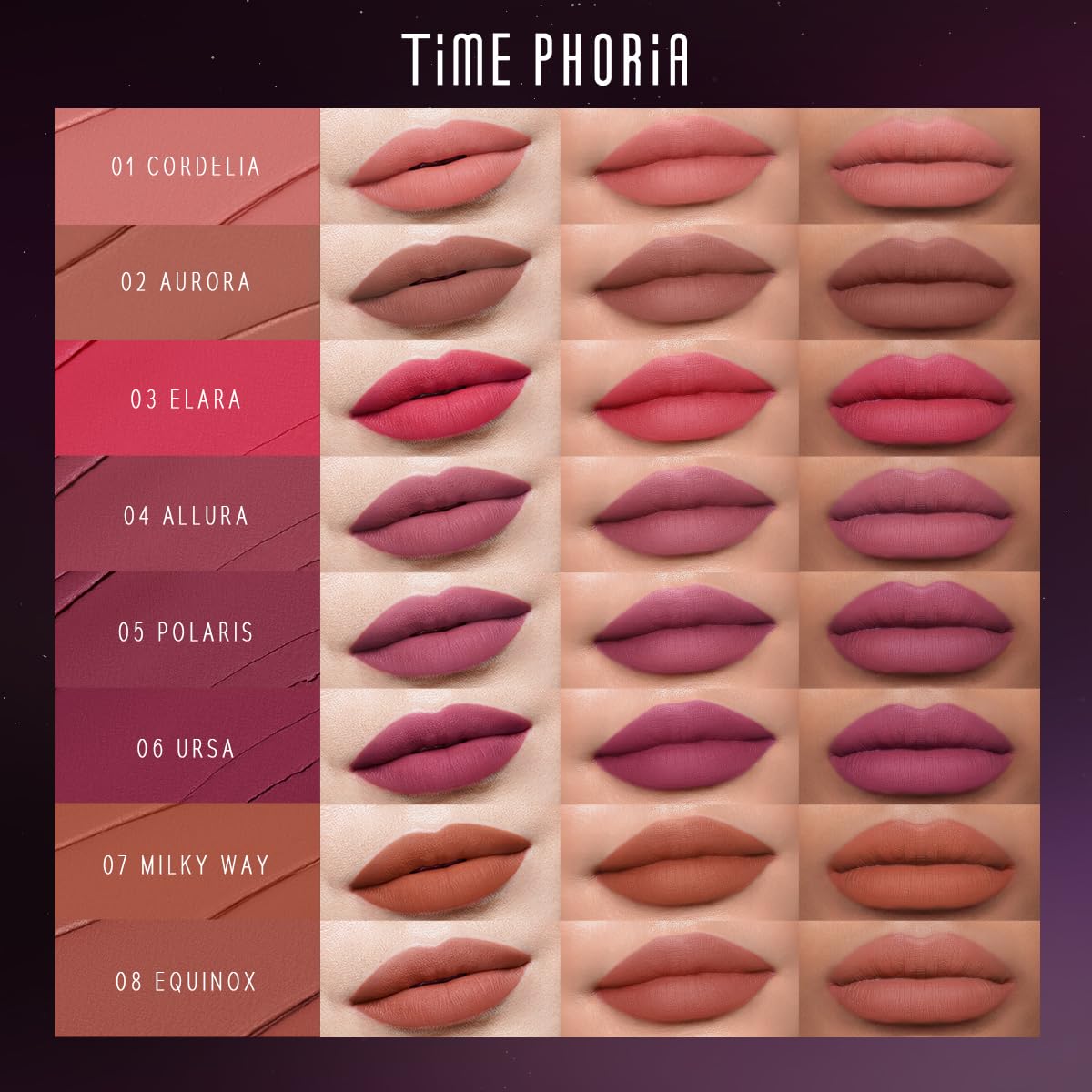TIMEPHORIA multiple swatches on skin showing high-pigment payoff