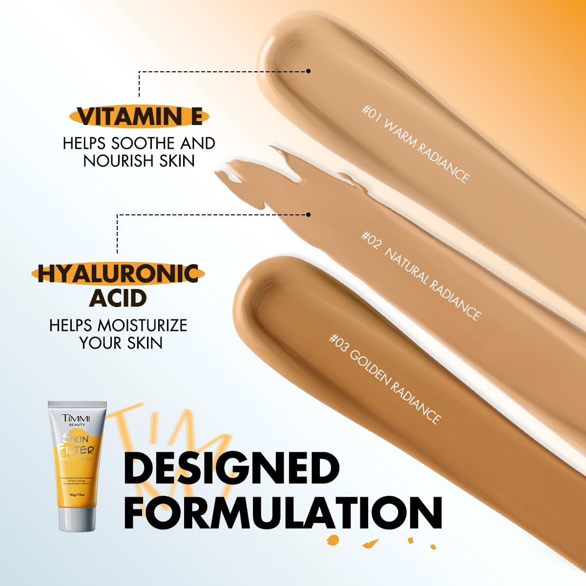Timmi Beauty cap label and shade 03 Golden displays product identity and shade match