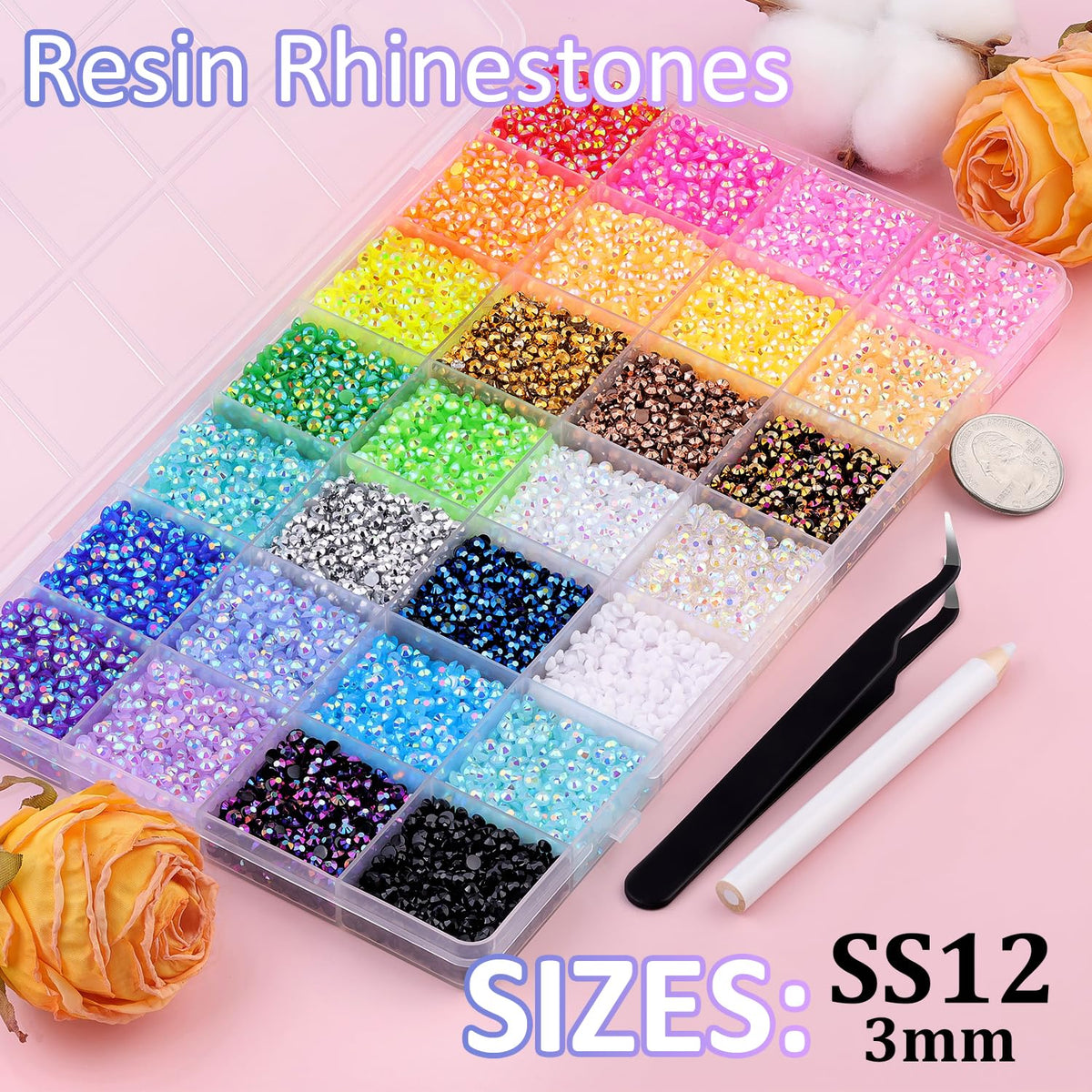 TINKRSTUFF top view of 28 divided grids displaying multicolor 3mm rhinestones for quick selection