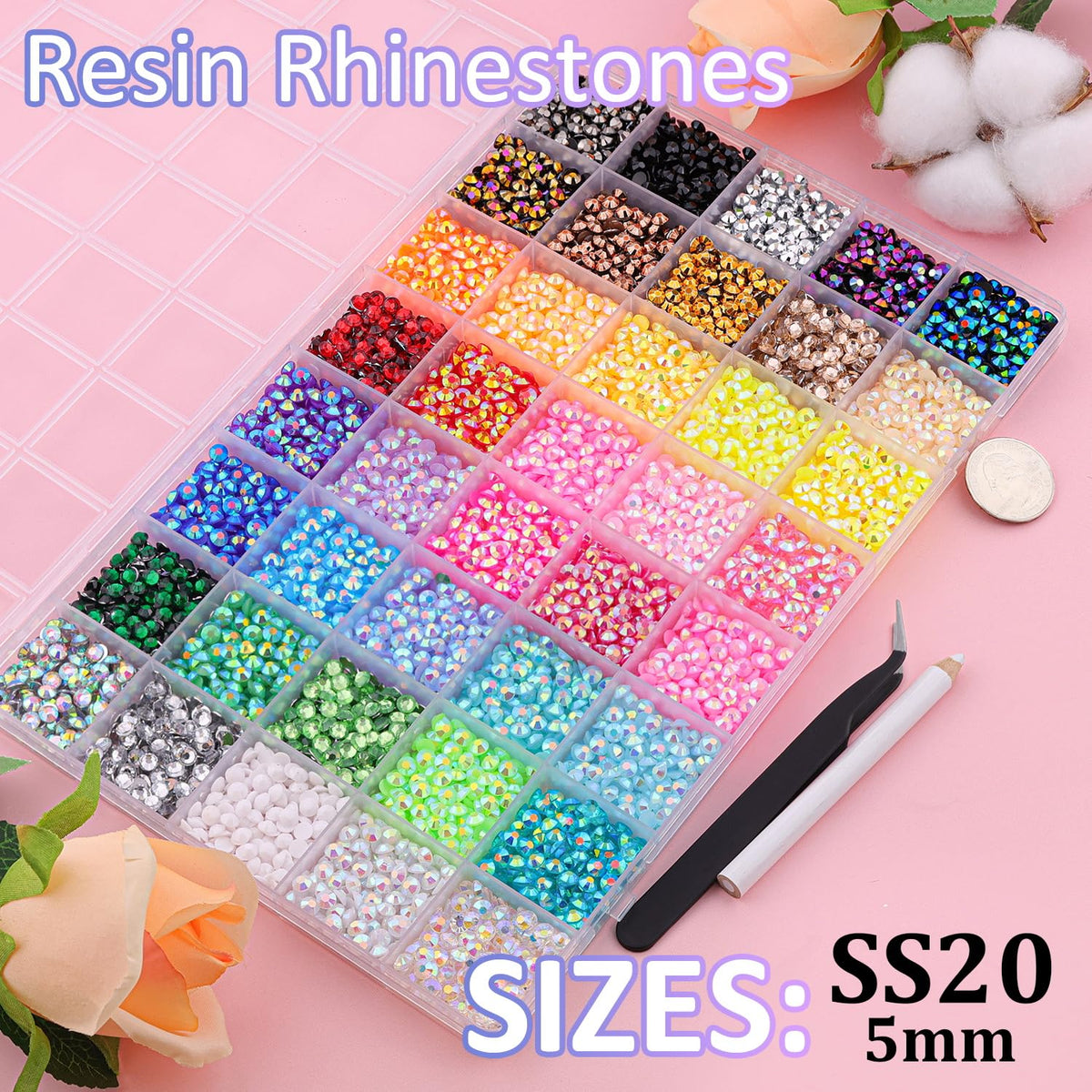 TINKRSTUFF open 40-grid organizer with separated mixed-color 5mm gems for easy selection