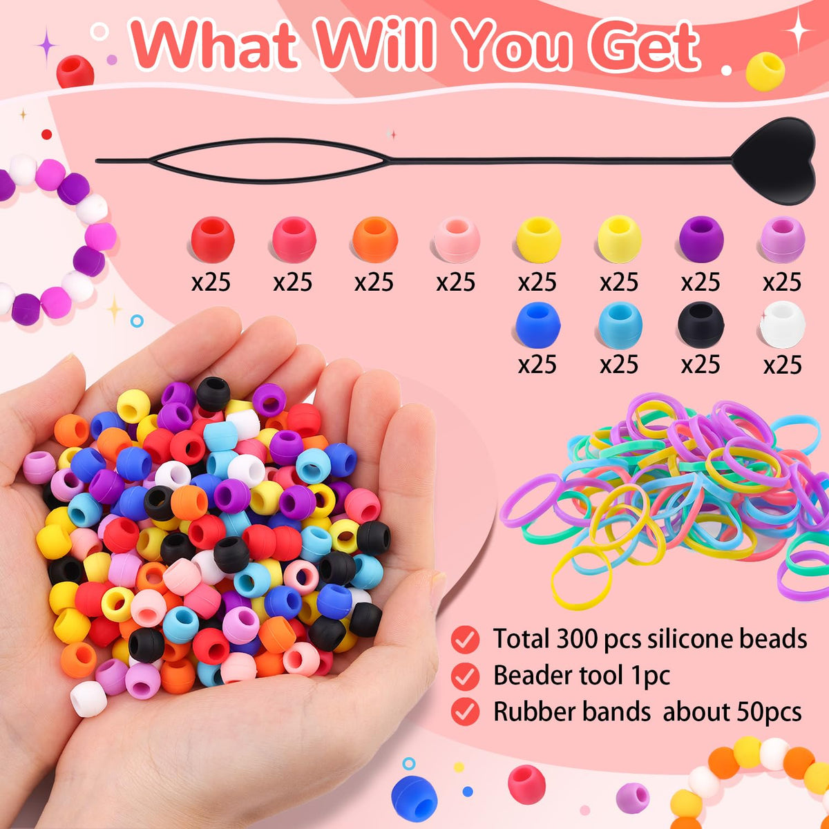 TINKRSTUFF beader tool and 50 rubber bands displayed for fast threading