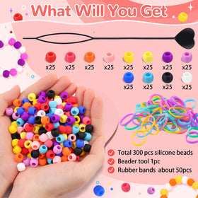TINKRSTUFF beader tool and 50 rubber bands displayed for fast threading