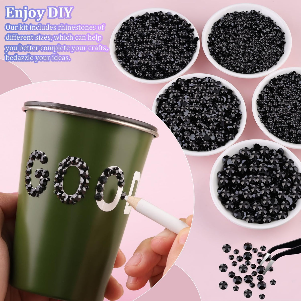 TINKRSTUFF black rhinestones applied to a tumbler adding dramatic contrast