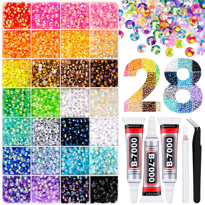 TINKRSTUFF kit box front showing organized 28-grid storage and mixed-color gems