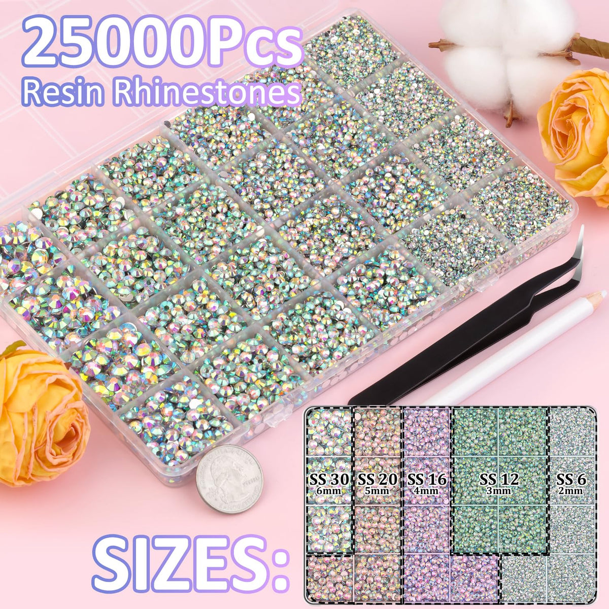 TINKRSTUFF close-up of AB resin rhinestone surface displaying durable multi-color sparkle
